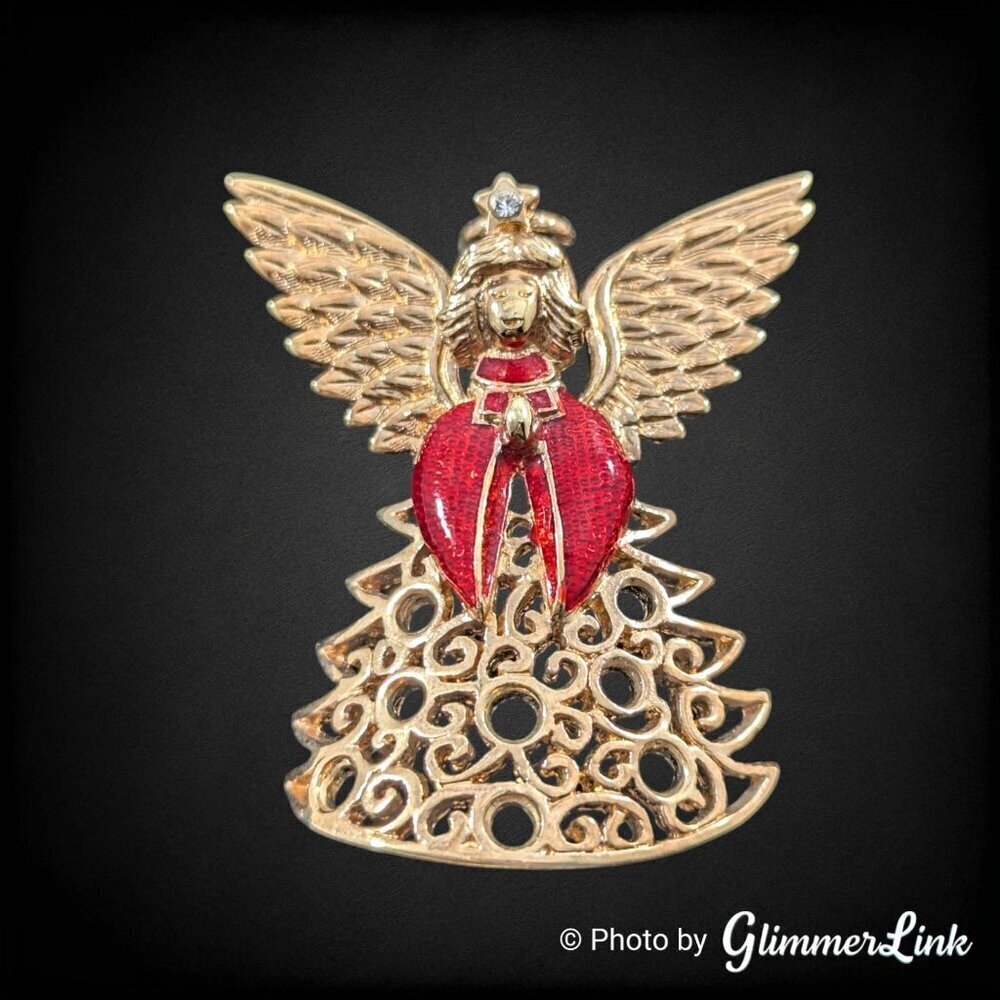 Vintage Weingeroff Lattice Filigree Enamel Angel Gold Tone Brooch